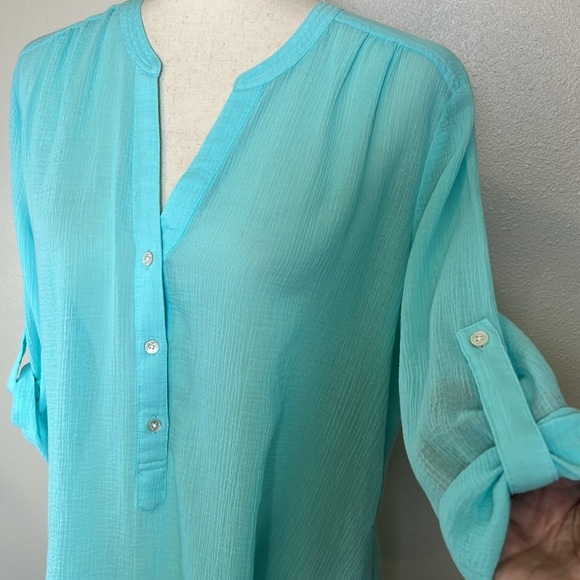 TOMMY BAHAMA Coastview Gauze Top Blouse NEW Women S Popover Roll Tab Sleeve Aqua - Picture 1 of 16